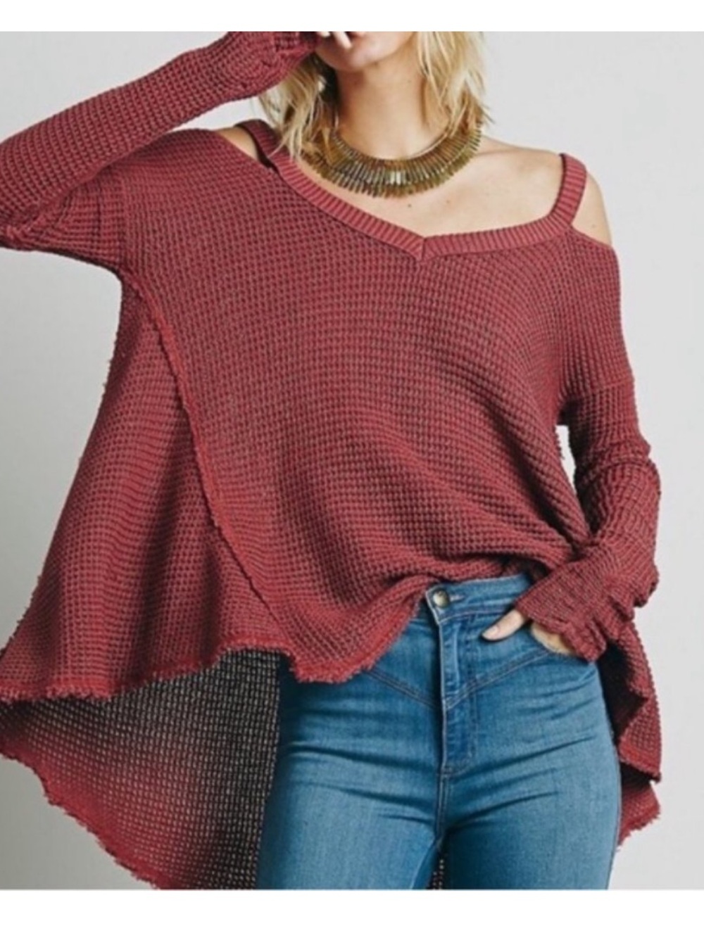Free People Moonshine Cold Shoulder Waffle Knit V-Neck, Size L